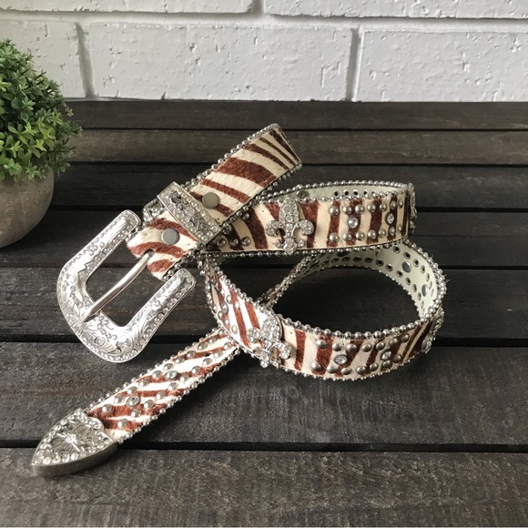 Striped Brown & White Calf Hair Crystal Fleur de Lis Studded Belt